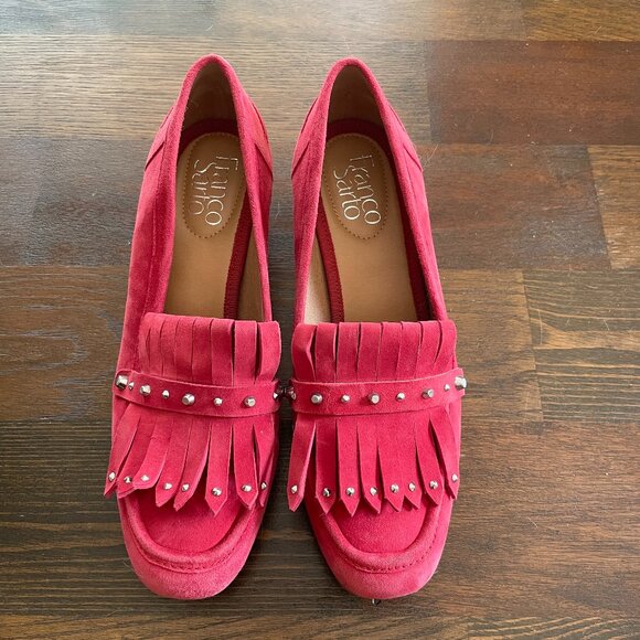 Like NEW Franco Sarto Red Fringe Suede Leather Block Heels Loafers - Picture 1 of 10